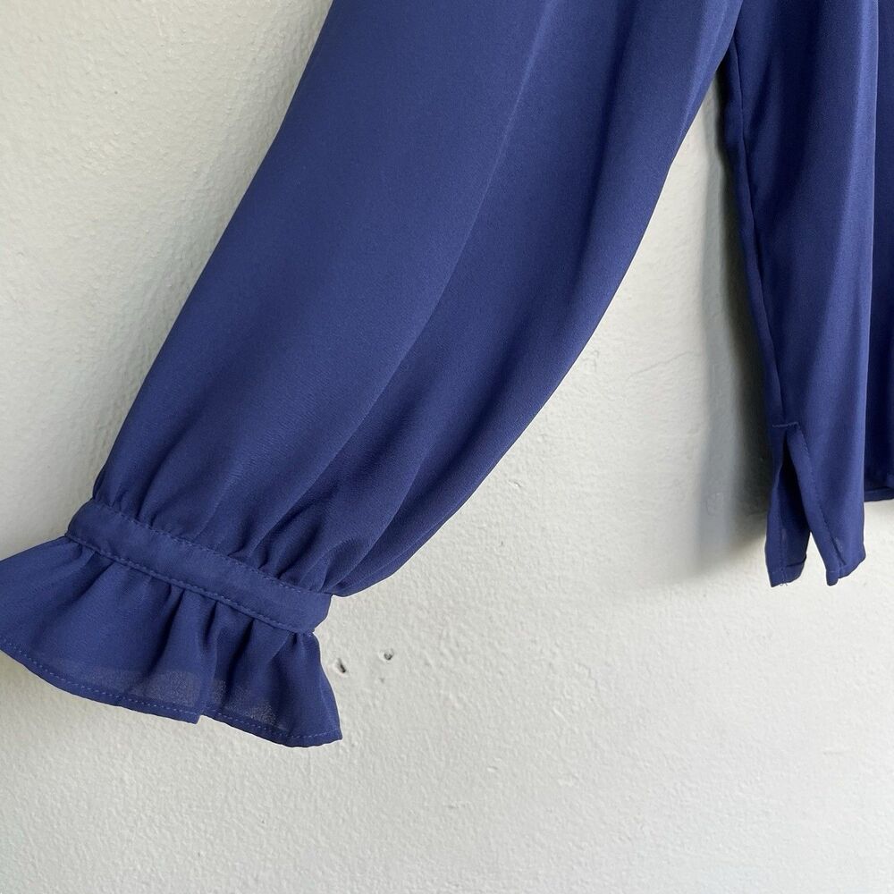 J Crew Navy Sheer Ruffle Blouse Women 12 Gold Button Long Sleeve Preppy Romantic - Picture 5 of 14